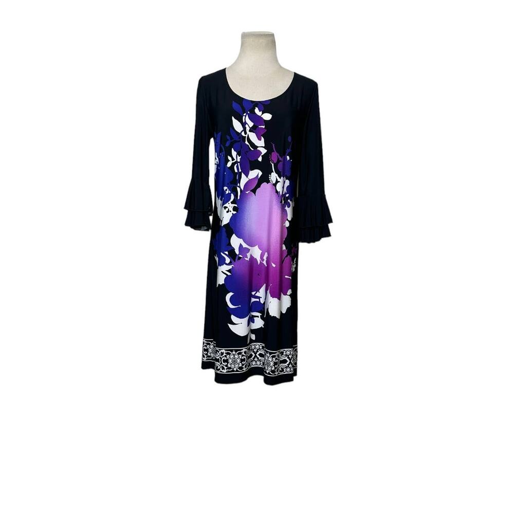 SANDRA DARREN black purple floral print 3/4 ruffled sleeves dress size 8